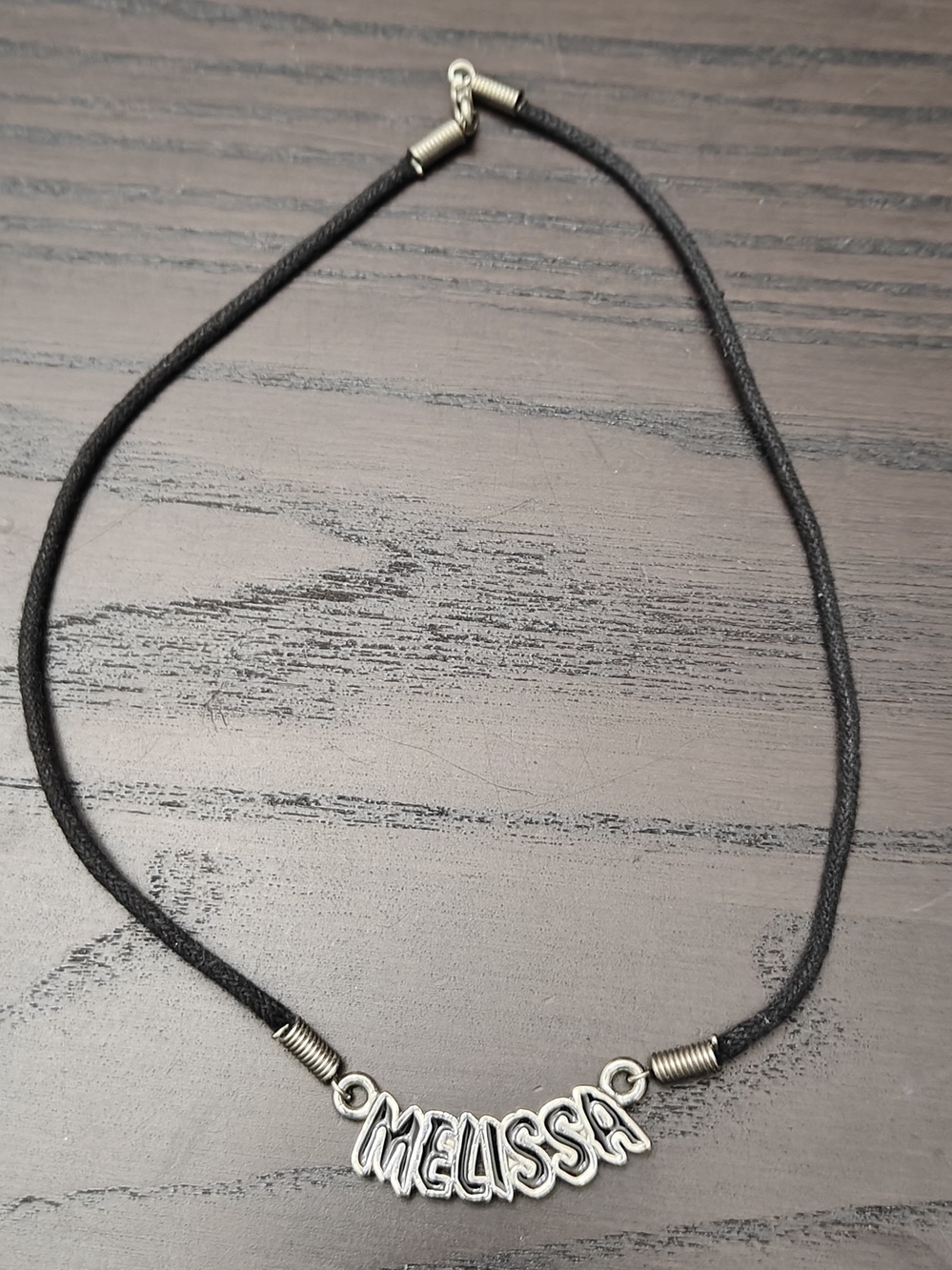Custom Name Necklace 'Melissa' in Silver on Black Cord